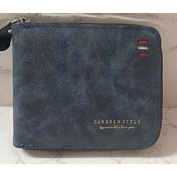 NEW Carrken Style Men’s Dark Blue Vintage/Distressed Zip Around Wallet - Picture 1 of 5